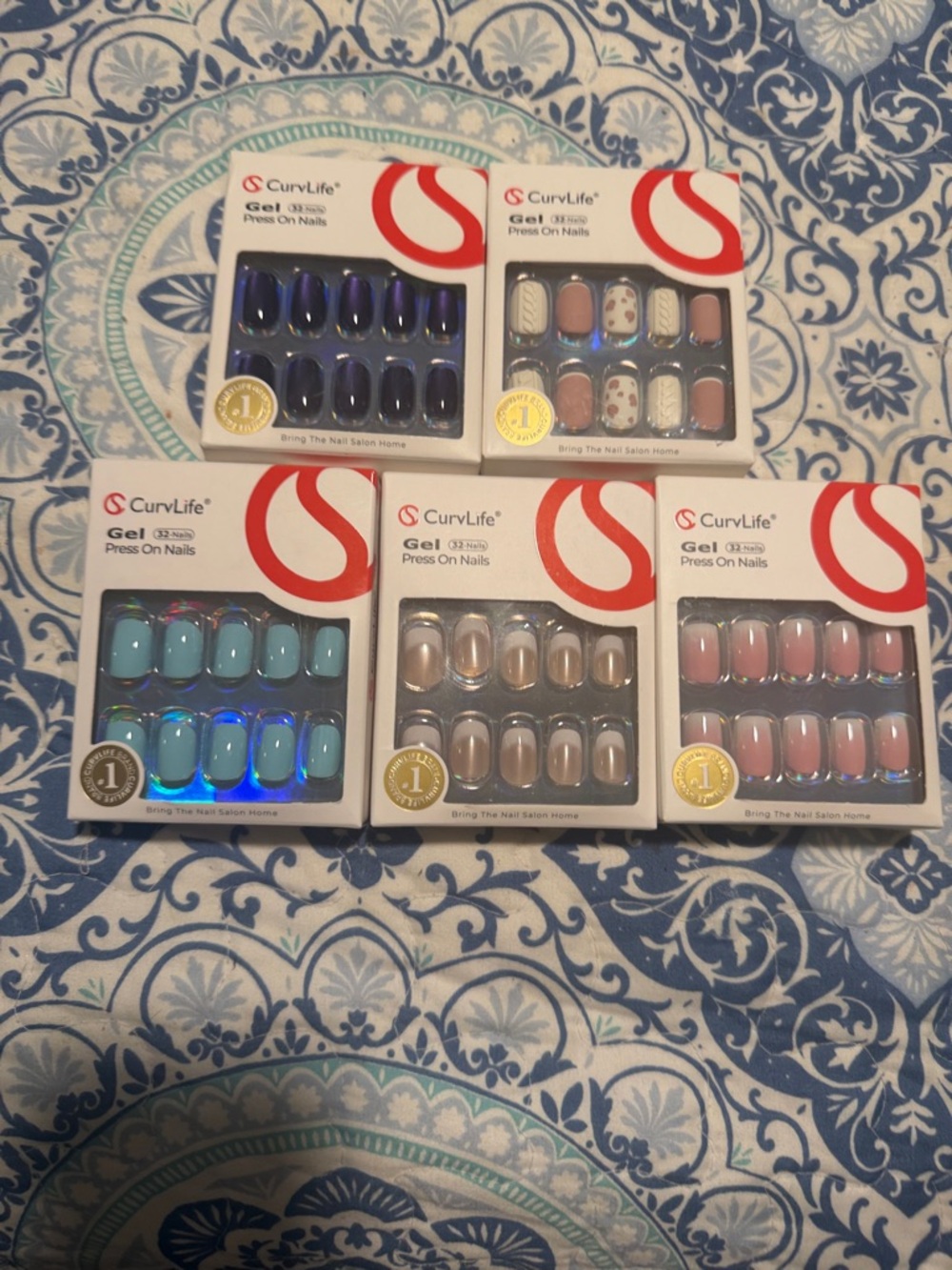 Gel Press-On Nails Set — Mixed Blue, Teal, Nude & Pink